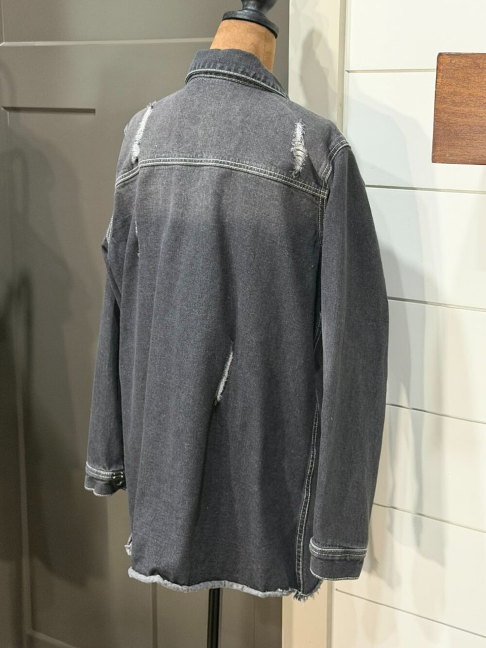 Black Distressed Button‑Up Jean Jacket — Excellent Condition - Picture 7 of 11